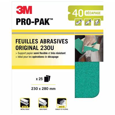 Feuille Papier Abrasif - Marque 3M - PRO-PAK - Original 230&235 Vert - Grain P40 - Paquet Complet